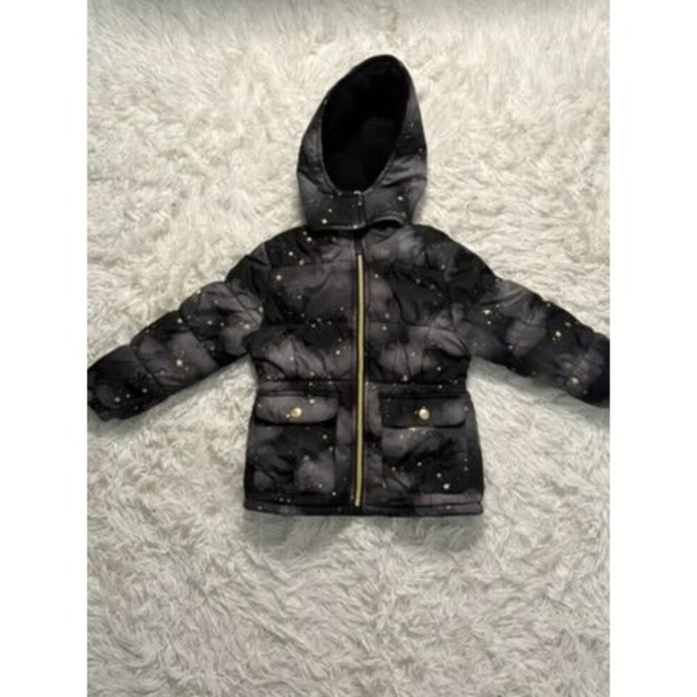 Girls Black & Gold Star Print Puffer Coat With Hood Size 4 Pink Platinum Polyest
